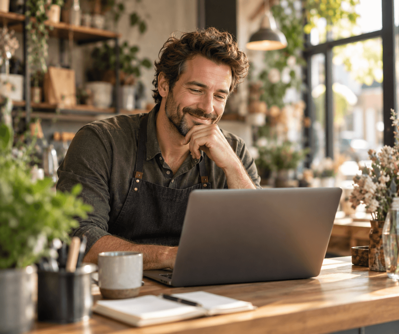 A small business owner smiling at his laptop in his shop after his annual report filing is accepted and his company stays in good standing.