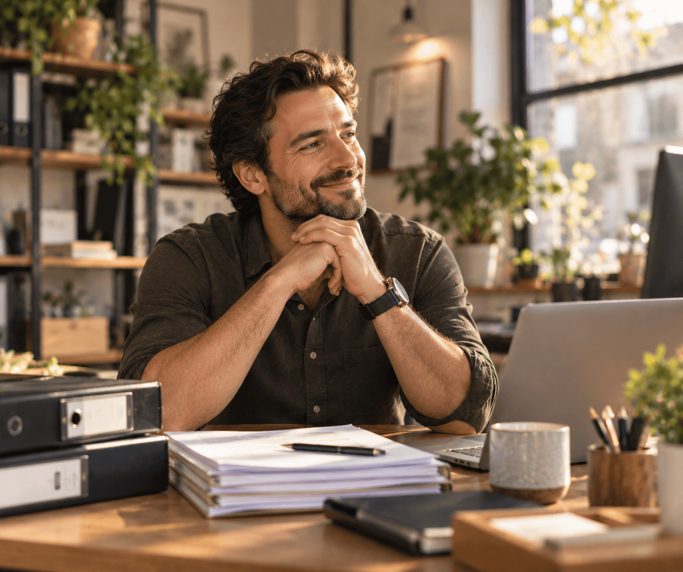 A content business owner at his desk with a laptop and tax paperwork, applying for his company's EIN.