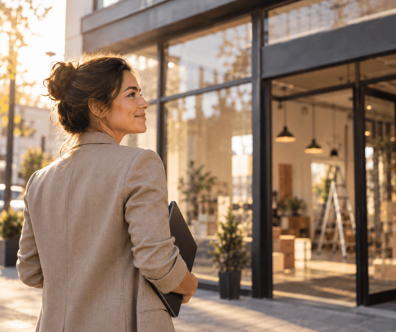 A businesswoman looking at a new storefront being set up as her company expands into a second state.