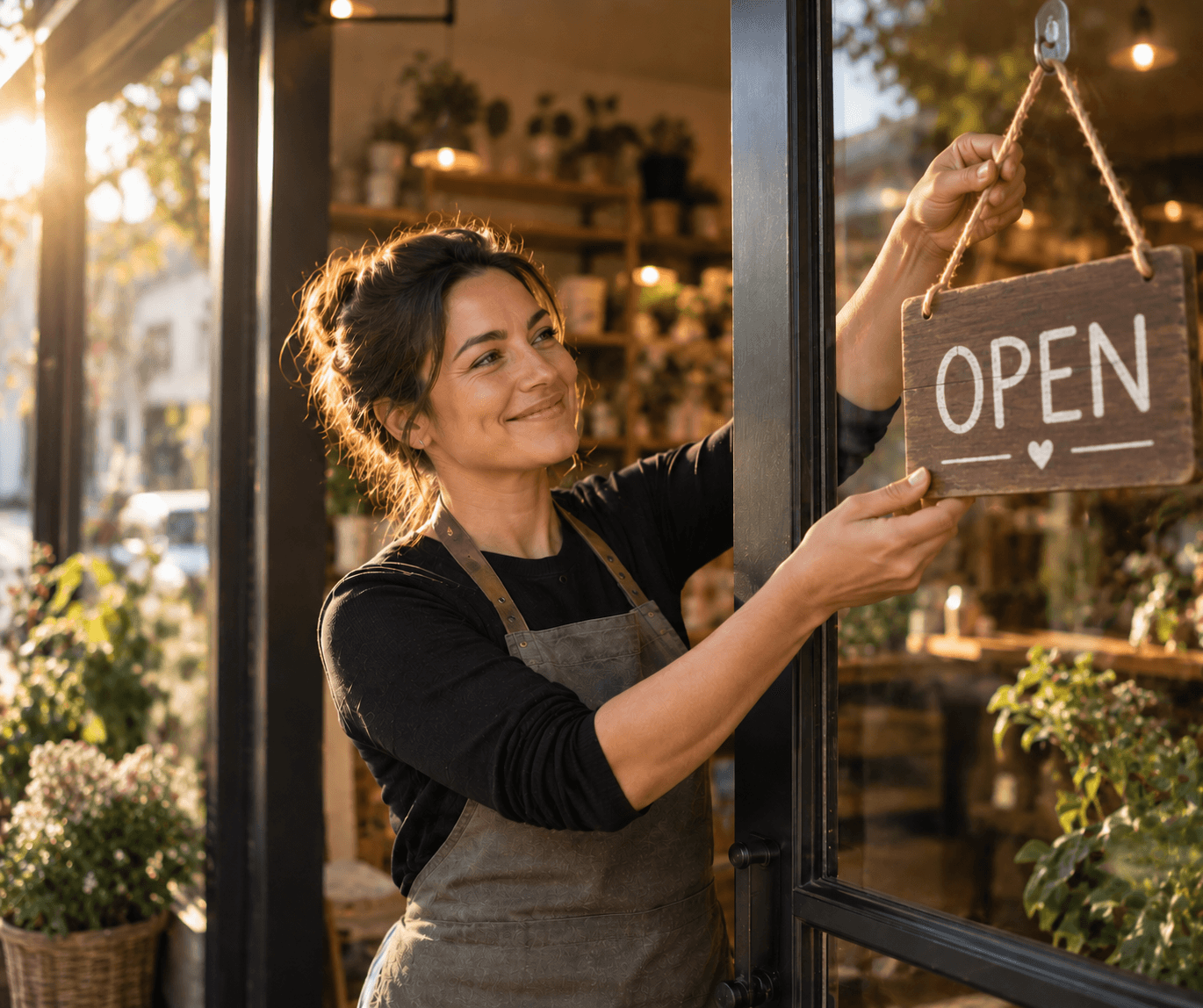 A business owner hanging an OPEN sign at the door of her newly formed company in warm golden light.