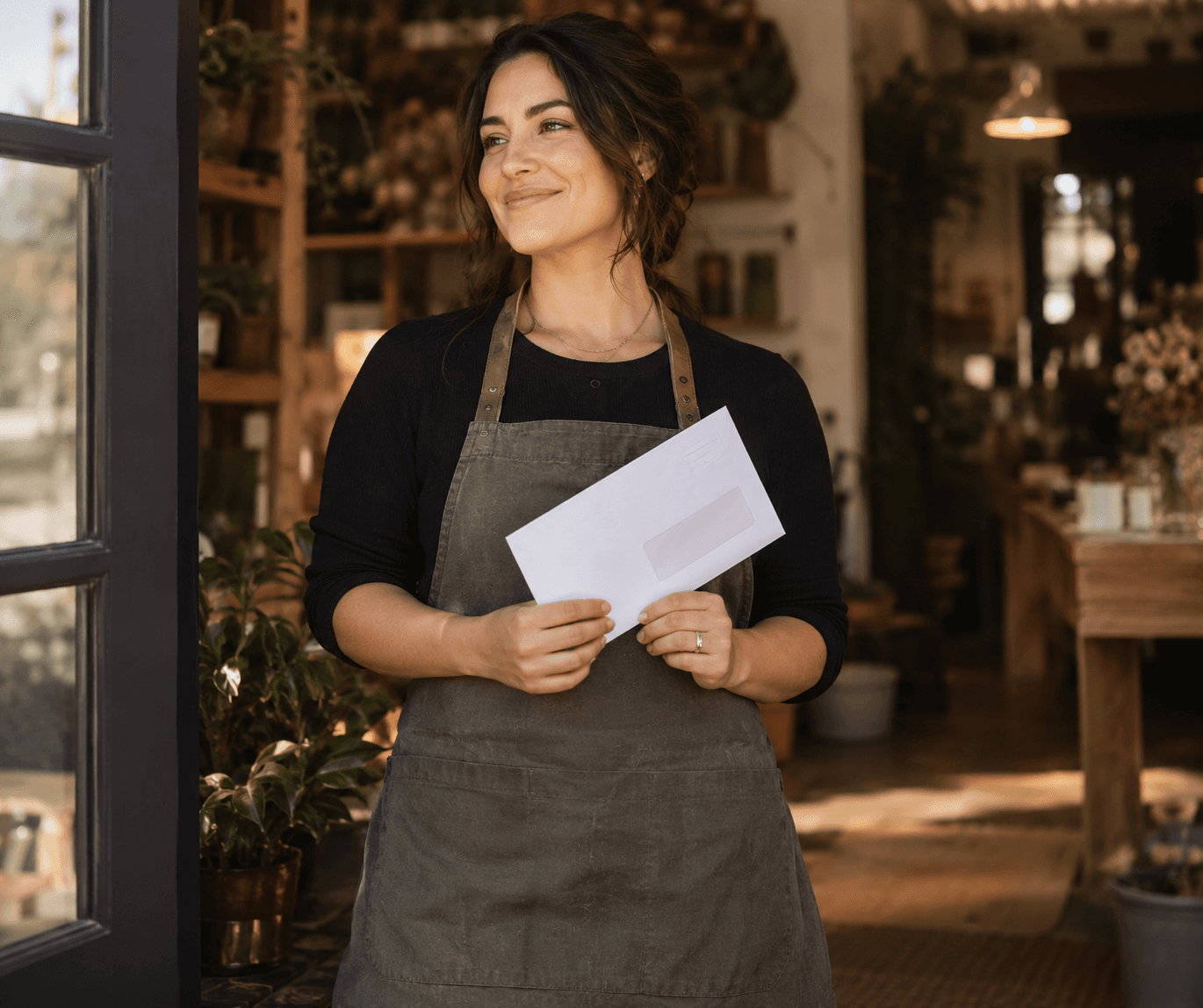 A shop owner in an apron at the open shop door, holding a plain window envelope forwarded by the registered agent.