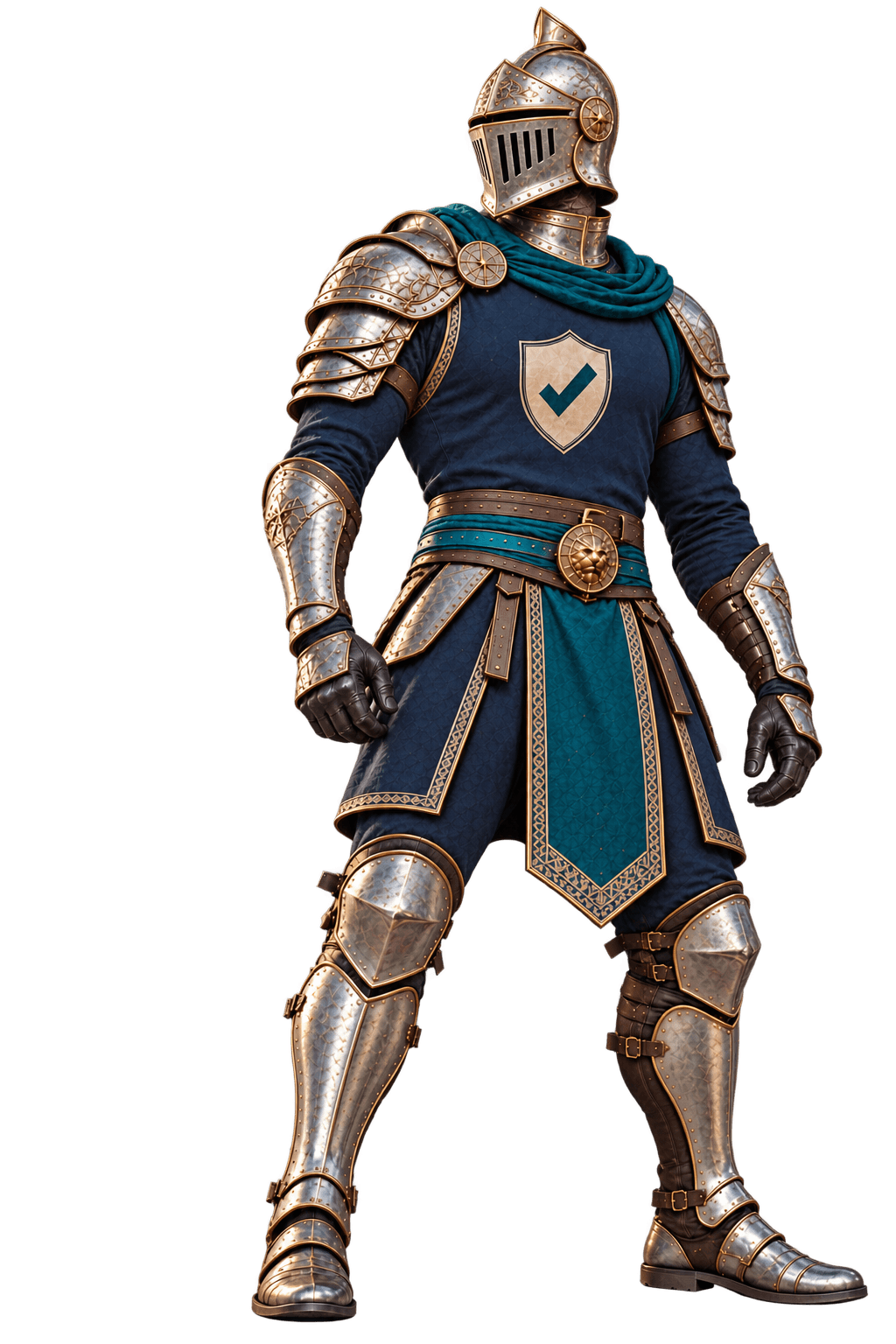 A confident knight in light armor: helmet, shoulder and arm guards, and leg plates over a blue tunic bearing the checkmark shield.