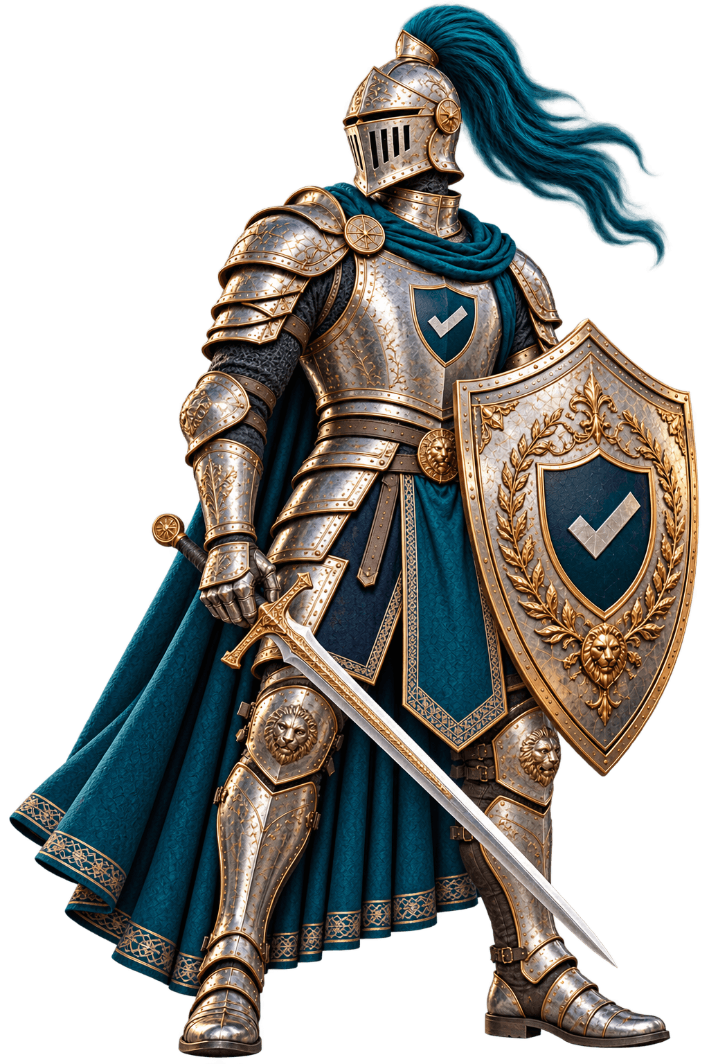 A knight in ornate full plate armor with a flowing teal cape, a longsword in hand, and a great shield bearing the checkmark crest.