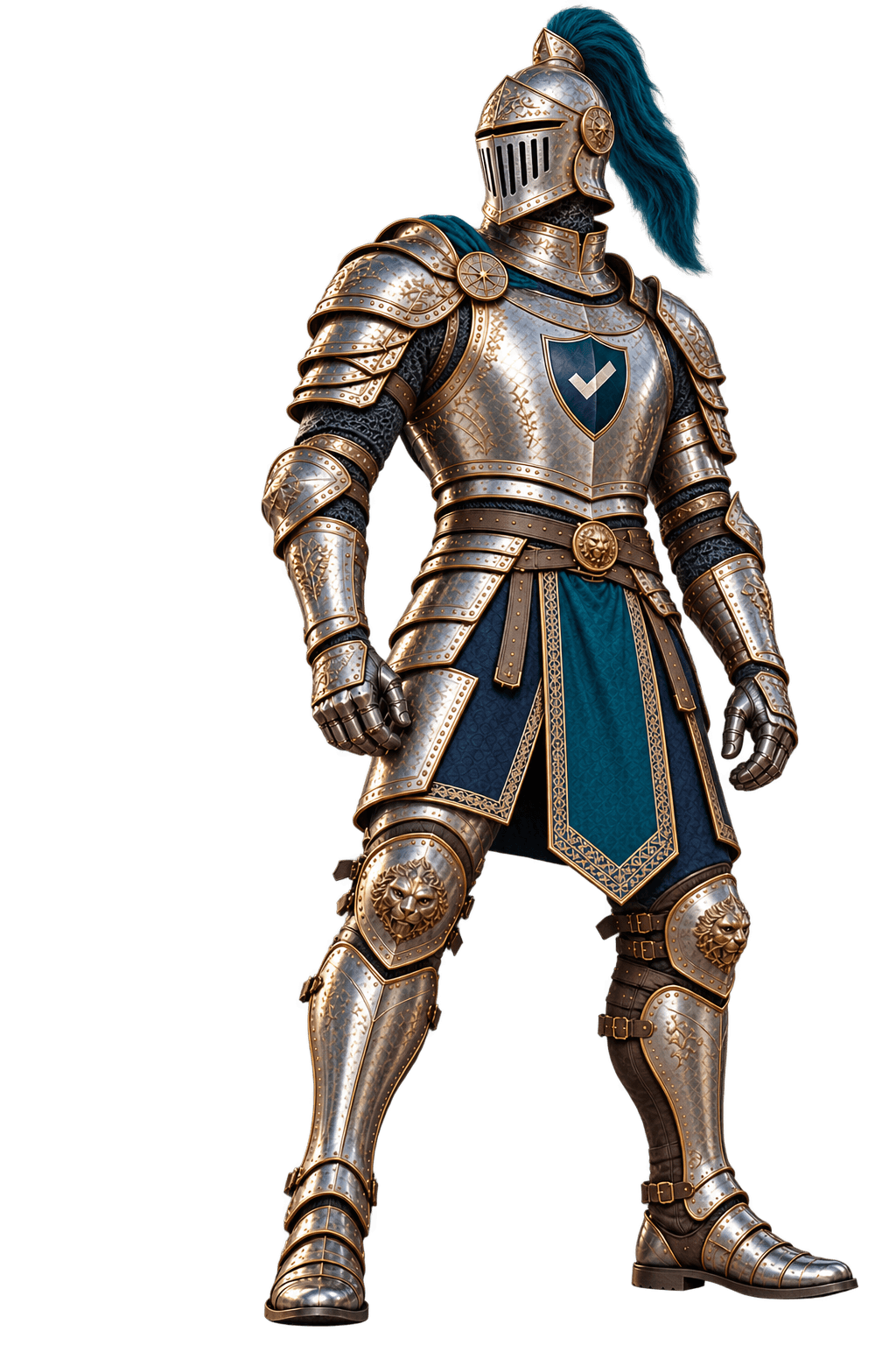 A knight in solid plate armor with a plumed helmet and the checkmark shield on his breastplate, carrying no sword and no shield.