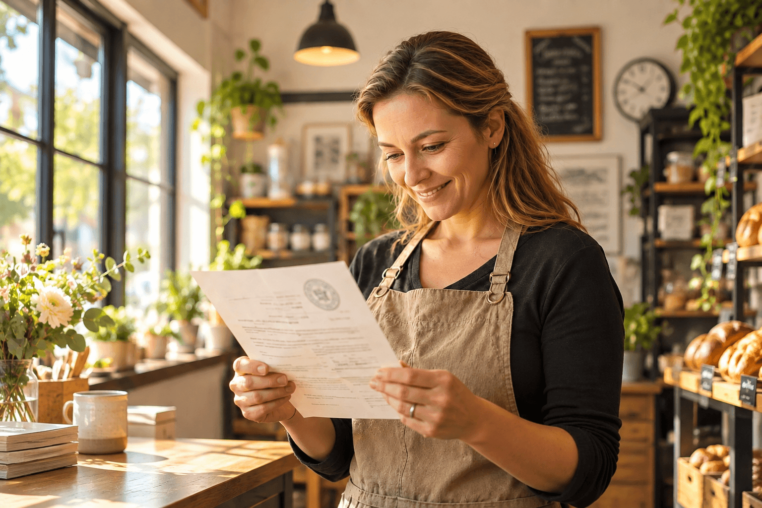 A small business owner reading the state correspondence her registered agent forwarded, in her shop.