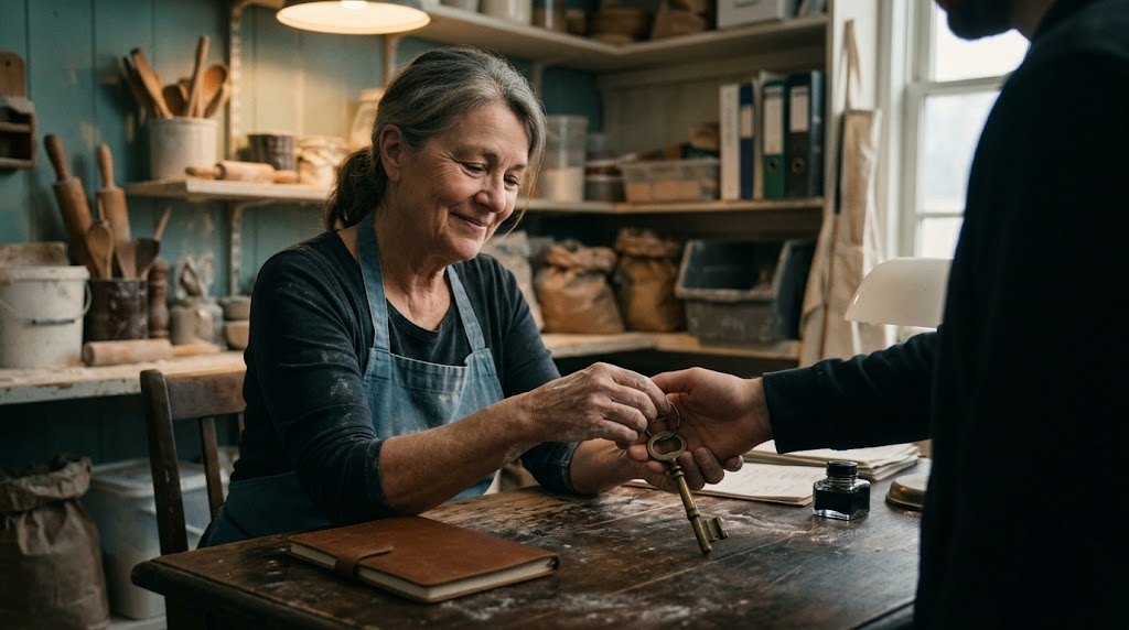 In a small bakery office, a woman in an apron places a brass key into a young man's hands