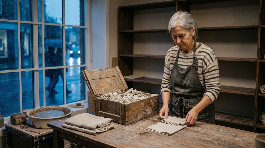 A gray-haired woman in a pottery studio wraps glazed bowls in cloth and packs them into a crate by the window