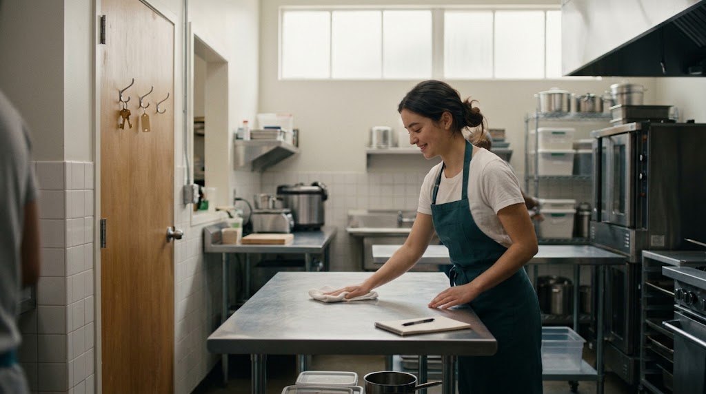 A chef in an apron hangs keys on a hook by the door of a commissary kitchen with frosted windows