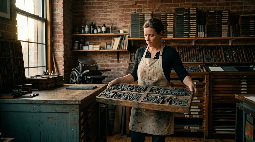 A printer in a canvas apron holds two wooden type drawers in a brick-walled studio, carrying one to her press