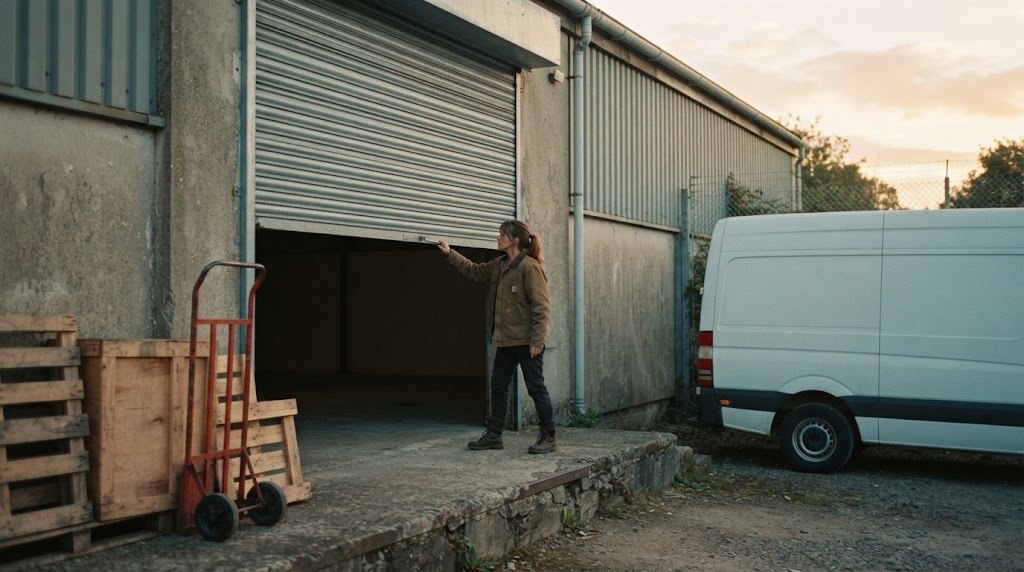 A woman in a work jacket rolls up the shutter door of an empty warehouse unit, with wooden crates and a hand truck beside her